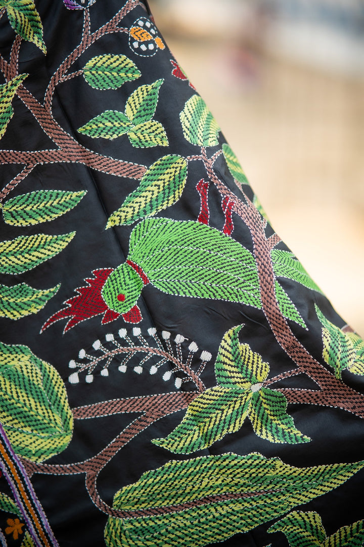 Garden of Threads – Black Pure Silk Kantha Saree with Multicolour Floral Embroidery