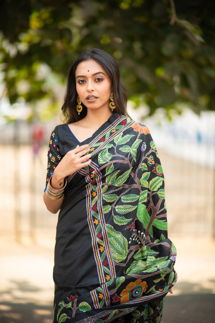 Garden of Threads – Black Pure Silk Kantha Saree with Multicolour Floral Embroidery