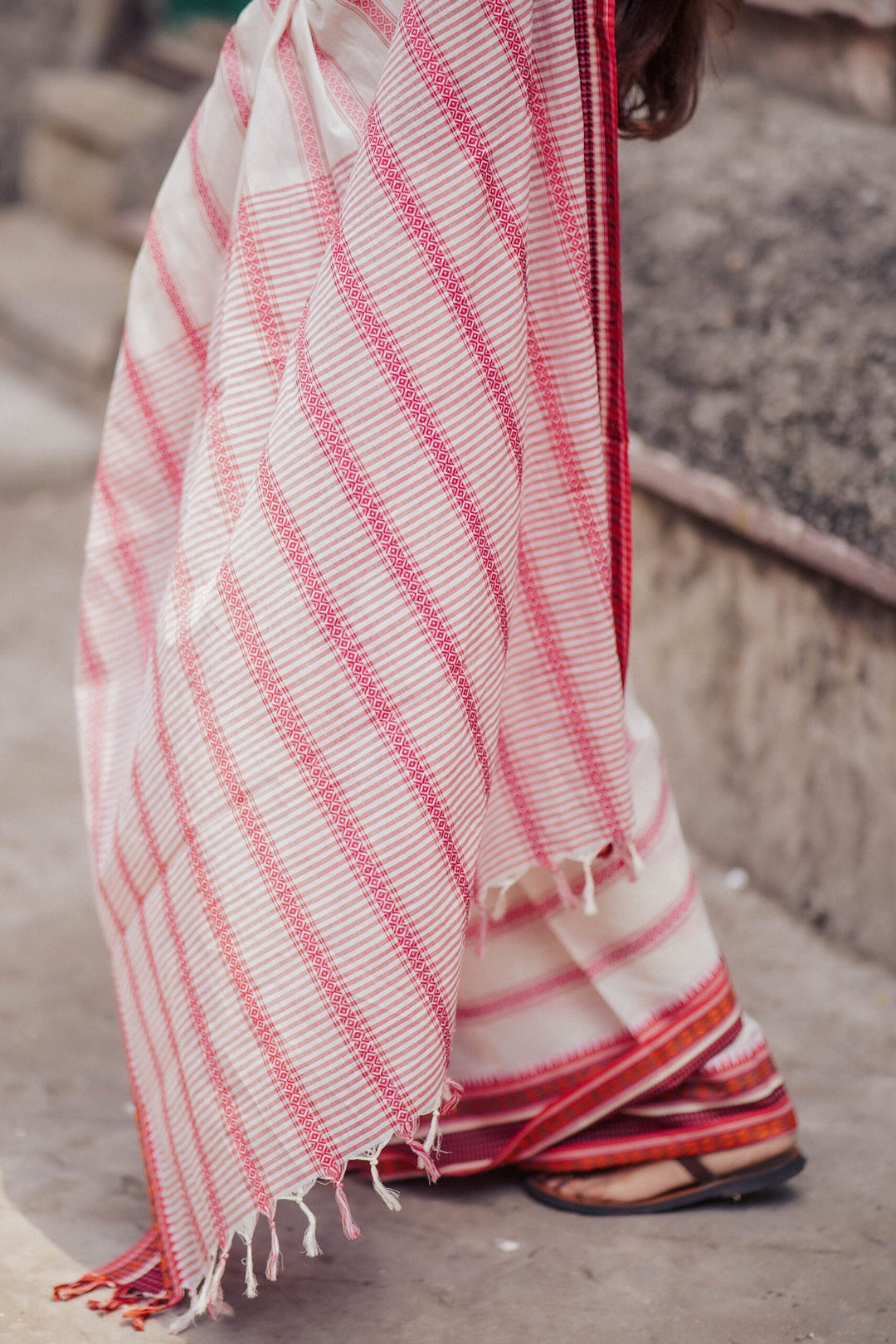 Red White Woodpecker Begampuri Saree