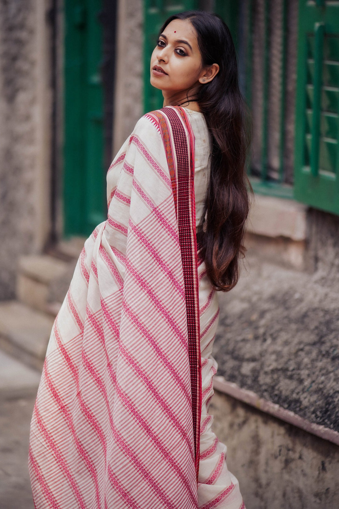 Red White Woodpecker Begampuri Saree
