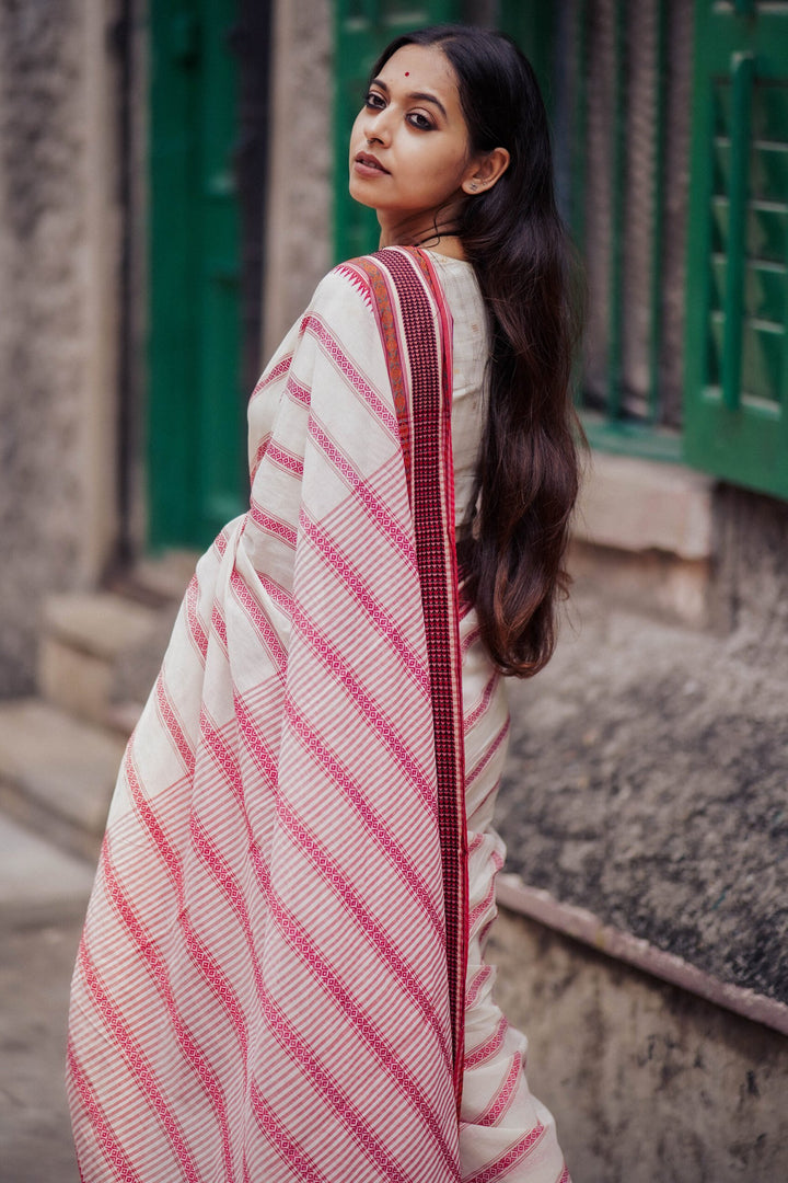 Red White Woodpecker Begampuri Saree