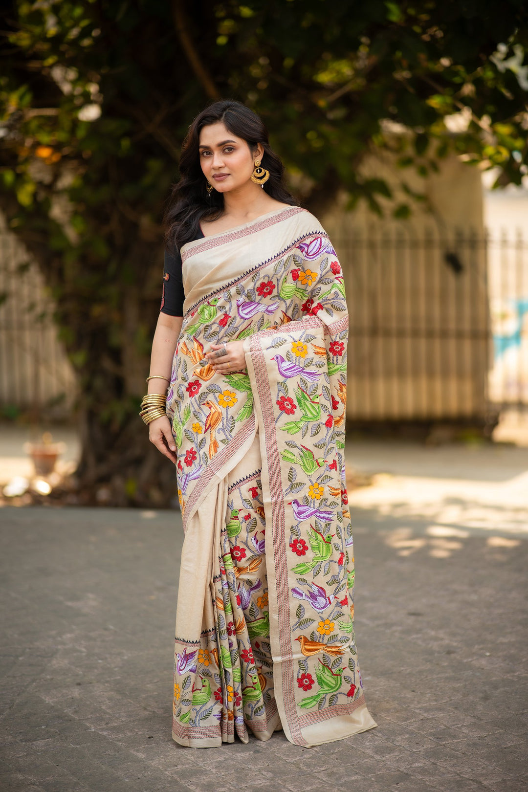 Whispers of the Wild – Pure Tussar Silk Kantha Saree with Pakhi Embroidery
