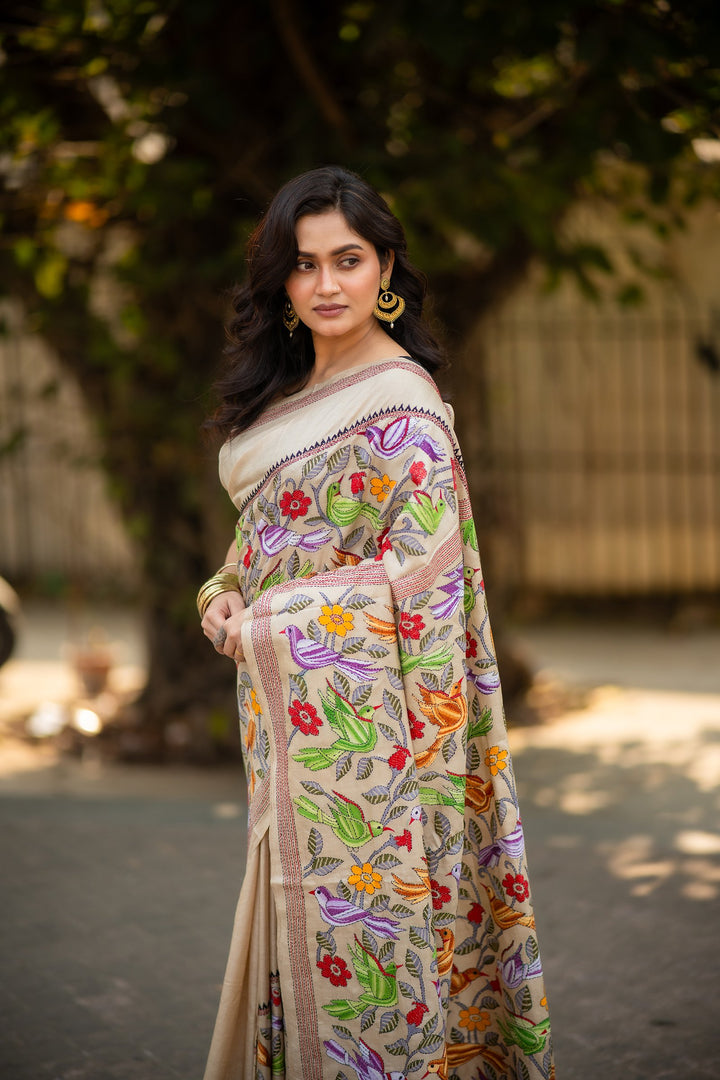 Whispers of the Wild – Pure Tussar Silk Kantha Saree with Pakhi Embroidery