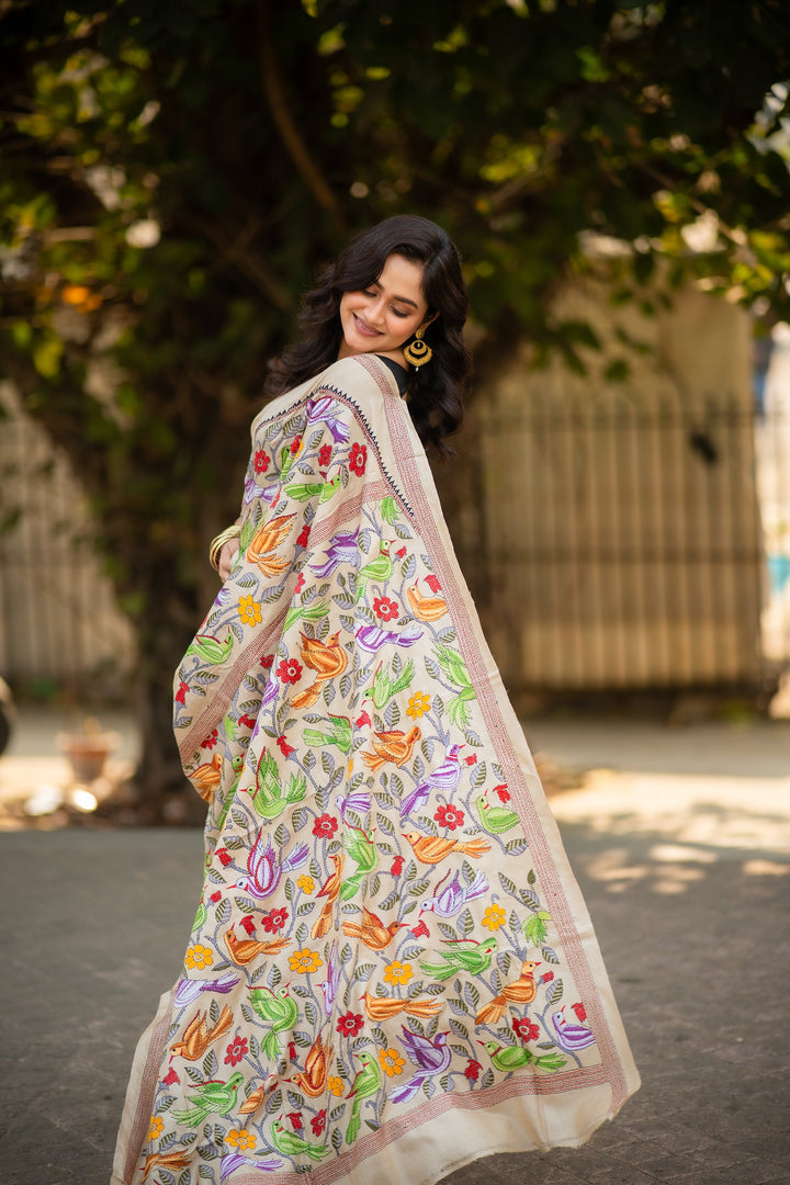 Whispers of the Wild – Pure Tussar Silk Kantha Saree with Pakhi Embroidery