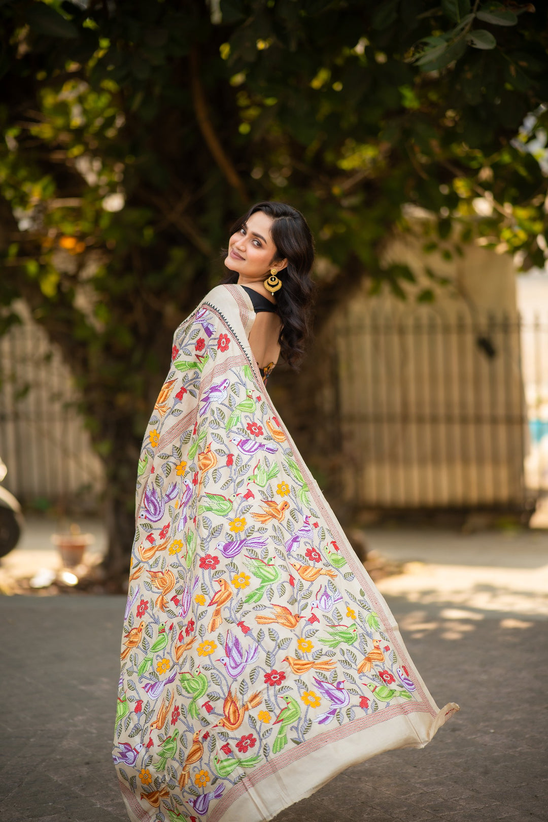 Whispers of the Wild – Pure Tussar Silk Kantha Saree with Pakhi Embroidery