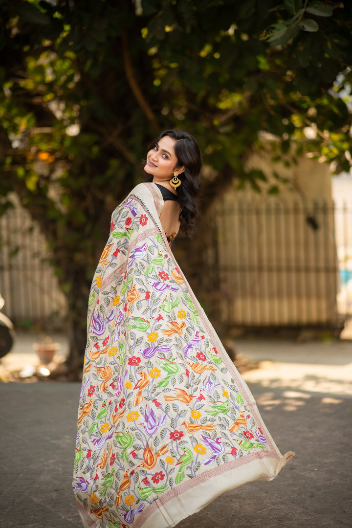 Whispers of the Wild – Pure Tussar Silk Kantha Saree with Pakhi Embroidery