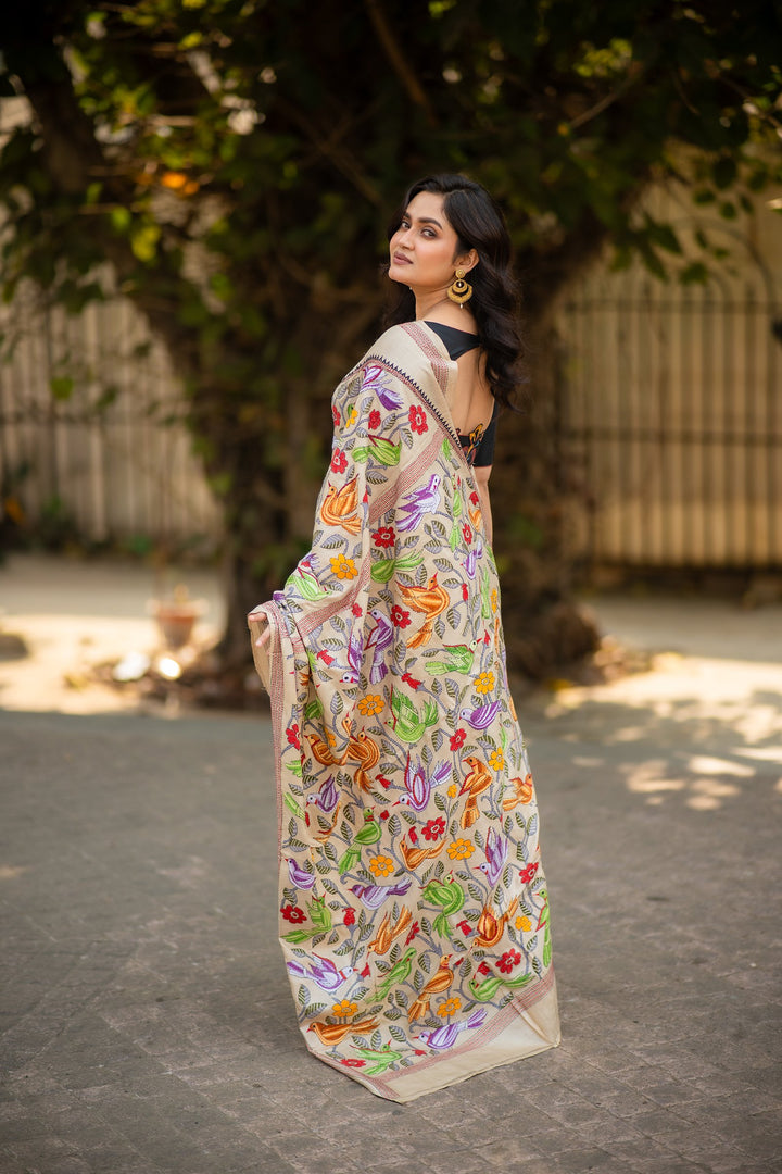 Whispers of the Wild – Pure Tussar Silk Kantha Saree with Pakhi Embroidery