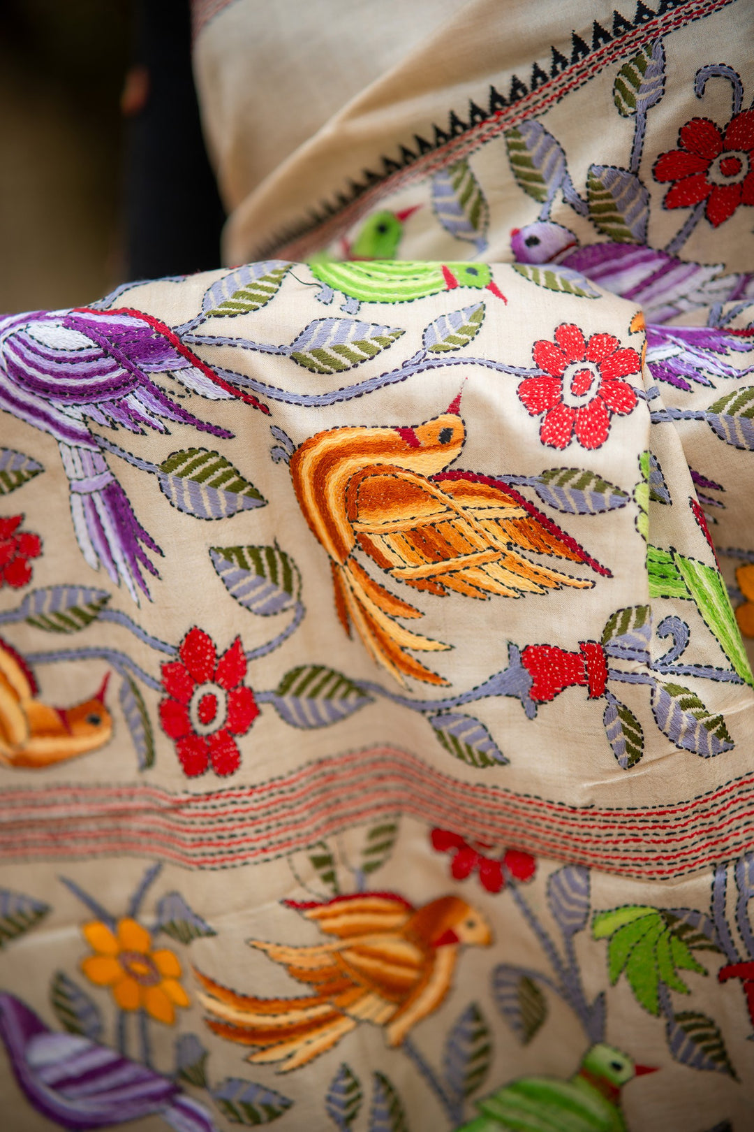 Whispers of the Wild – Pure Tussar Silk Kantha Saree with Pakhi Embroidery