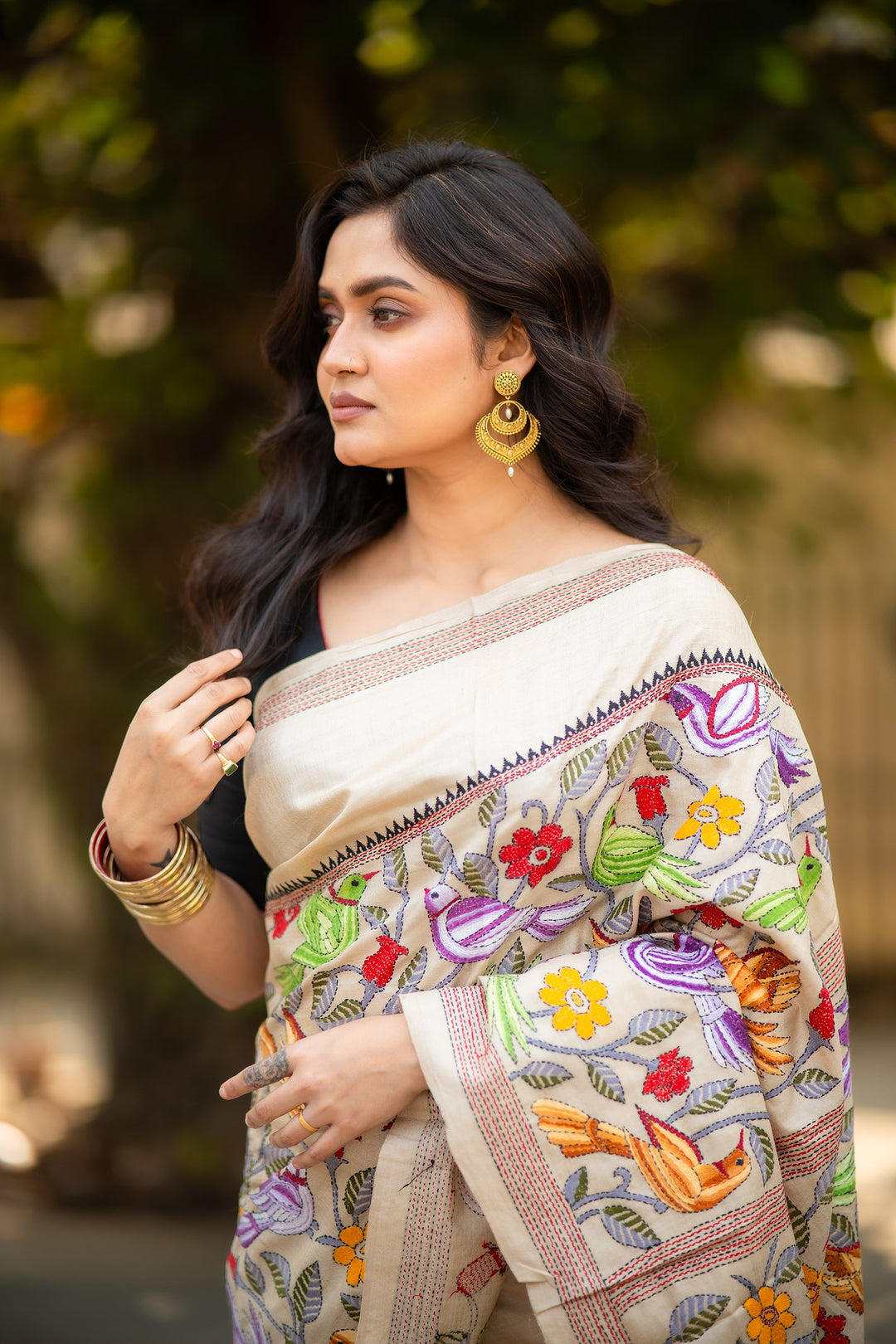 Whispers of the Wild – Pure Tussar Silk Kantha Saree with Pakhi Embroidery
