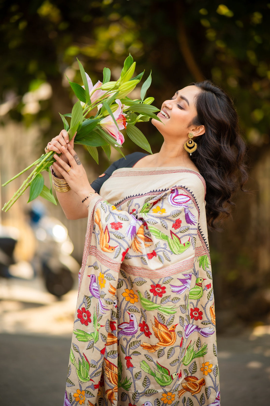Whispers of the Wild – Pure Tussar Silk Kantha Saree with Pakhi Embroidery