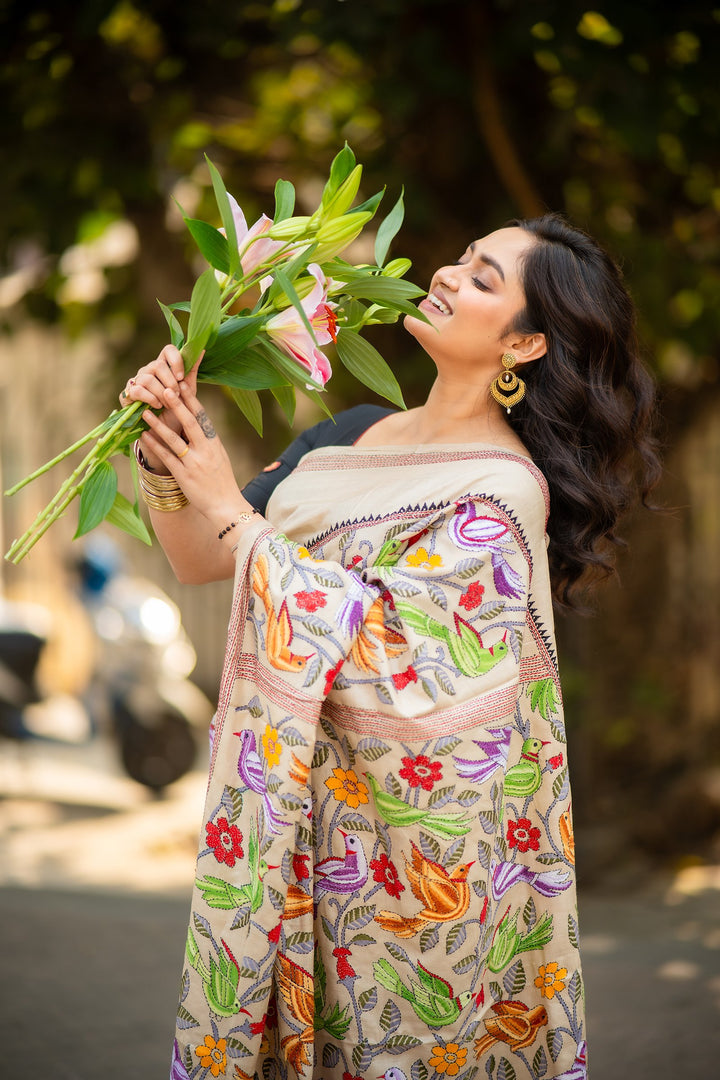 Whispers of the Wild – Pure Tussar Silk Kantha Saree with Pakhi Embroidery