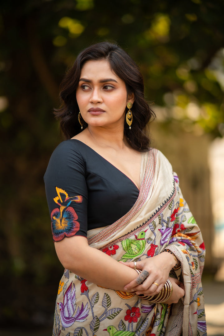 Madhukari Black Kantha Embroidery Silk Blouse