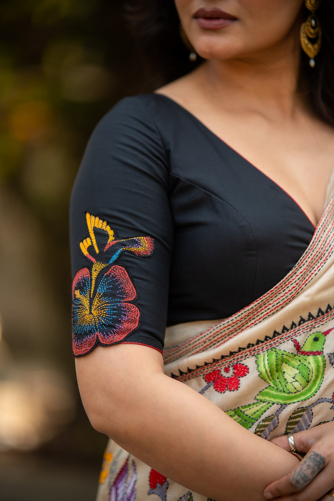 Madhukari Black Kantha Embroidery Silk Blouse