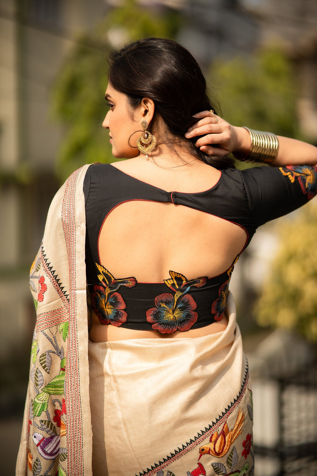 Madhukari Black Kantha Embroidery Silk Blouse