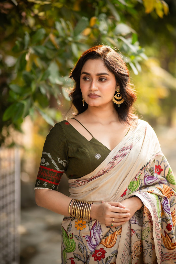 Bonolata Olive Green Bengal Jamdani Cotton Blouse