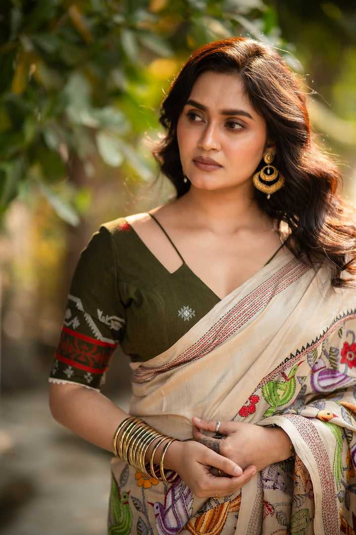 Bonolata Olive Green Bengal Jamdani Cotton Blouse