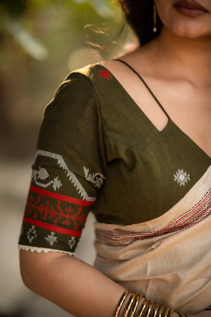 Bonolata Olive Green Bengal Jamdani Cotton Blouse