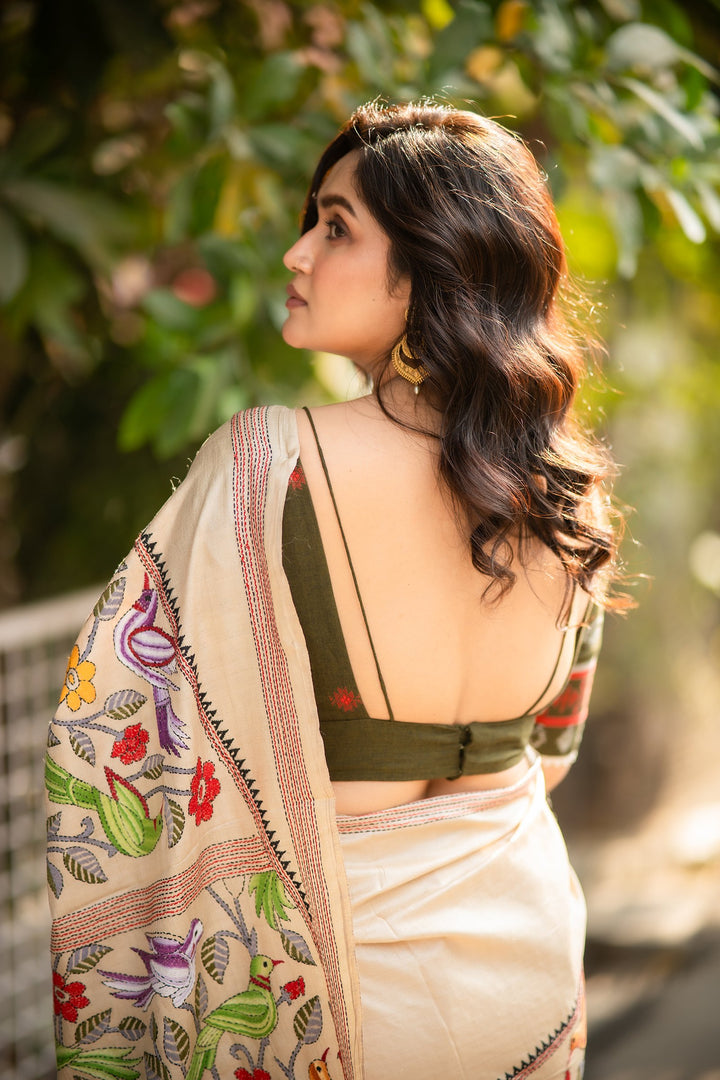 Bonolata Olive Green Bengal Jamdani Cotton Blouse