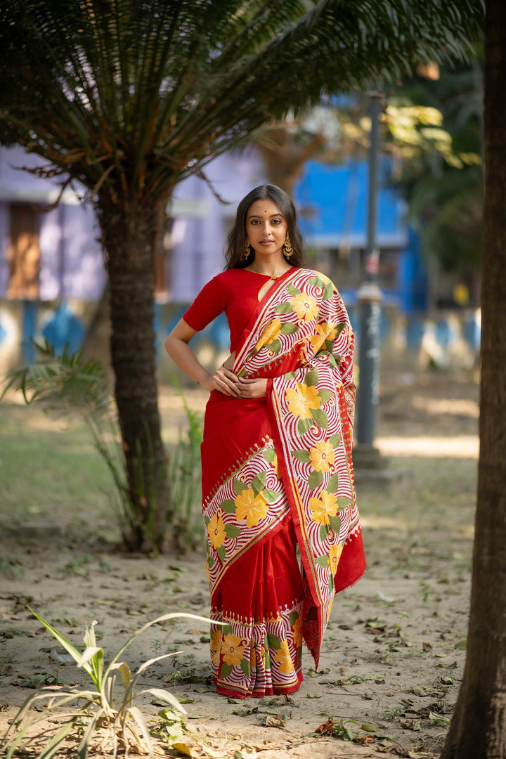 Crimson Botanica – Red Pure Silk Kantha Saree with Floral Embroidery