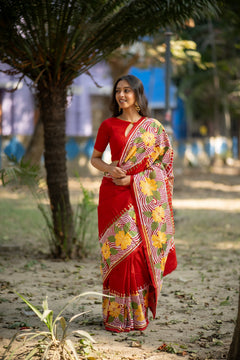 Crimson Botanica – Red Pure Silk Kantha Saree with Floral Embroidery