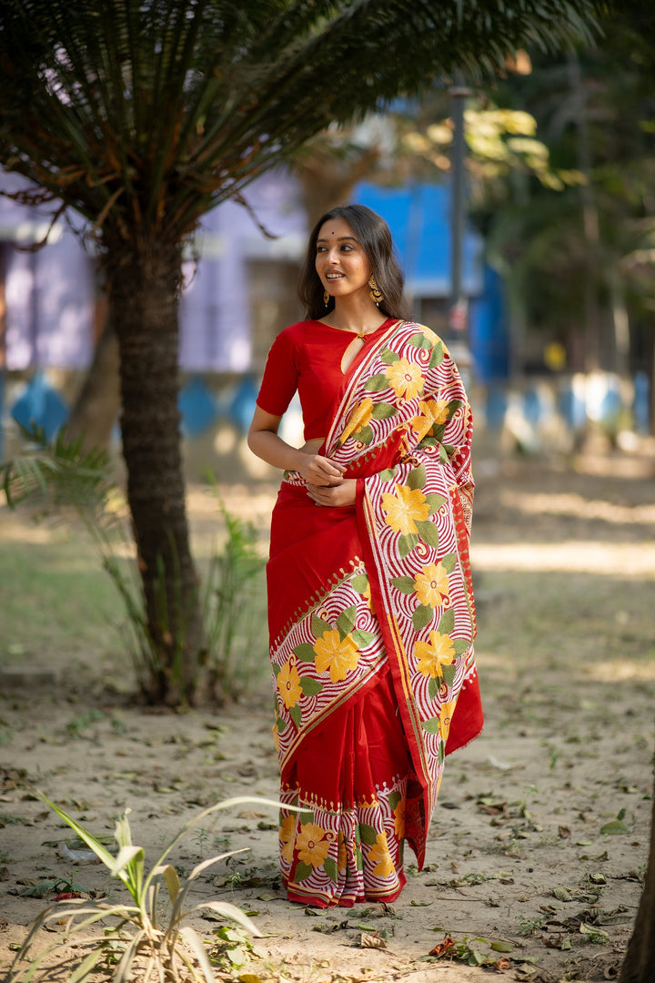 Crimson Botanica – Red Pure Silk Kantha Saree with Floral Embroidery