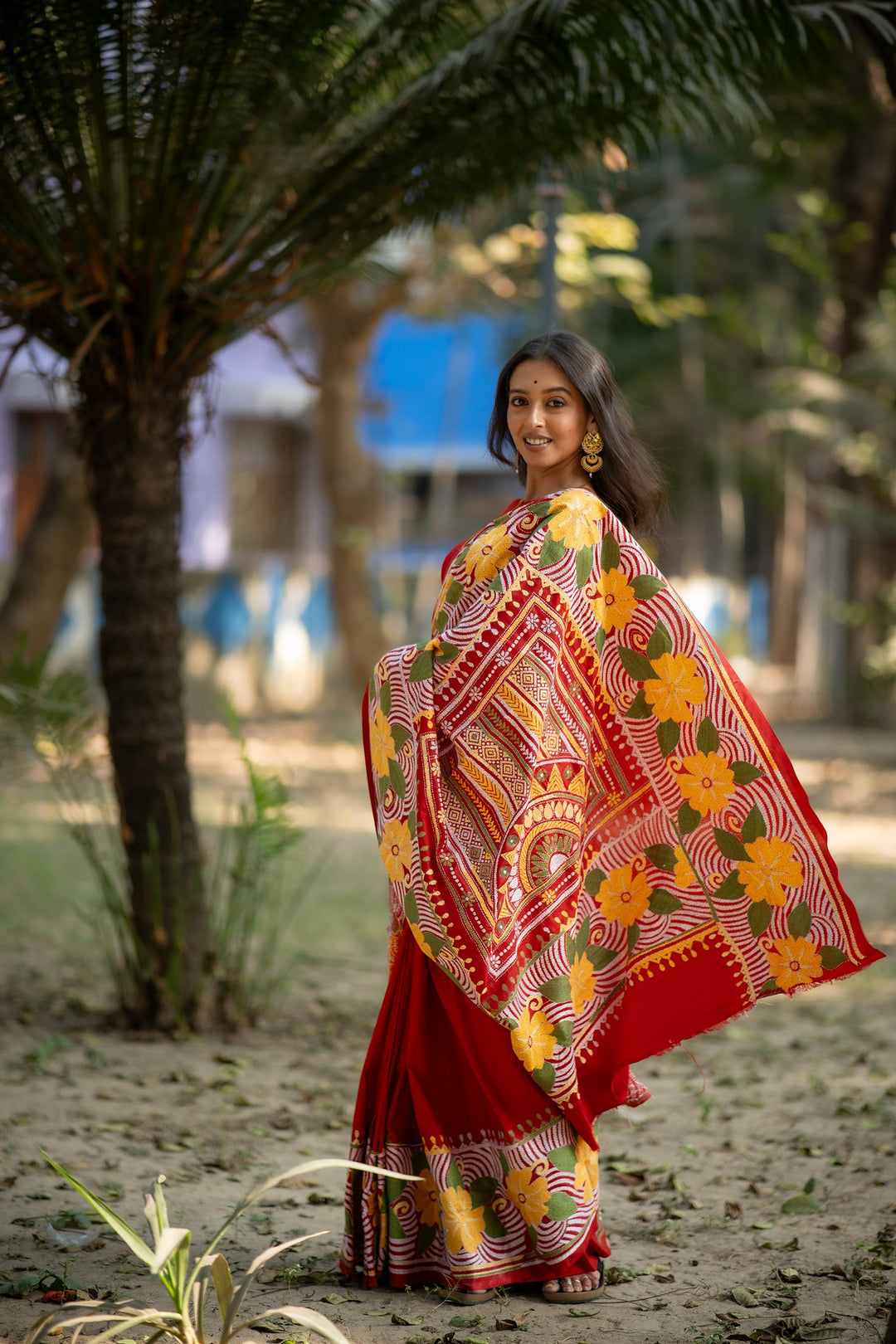 Crimson Botanica – Red Pure Silk Kantha Saree with Floral Embroidery