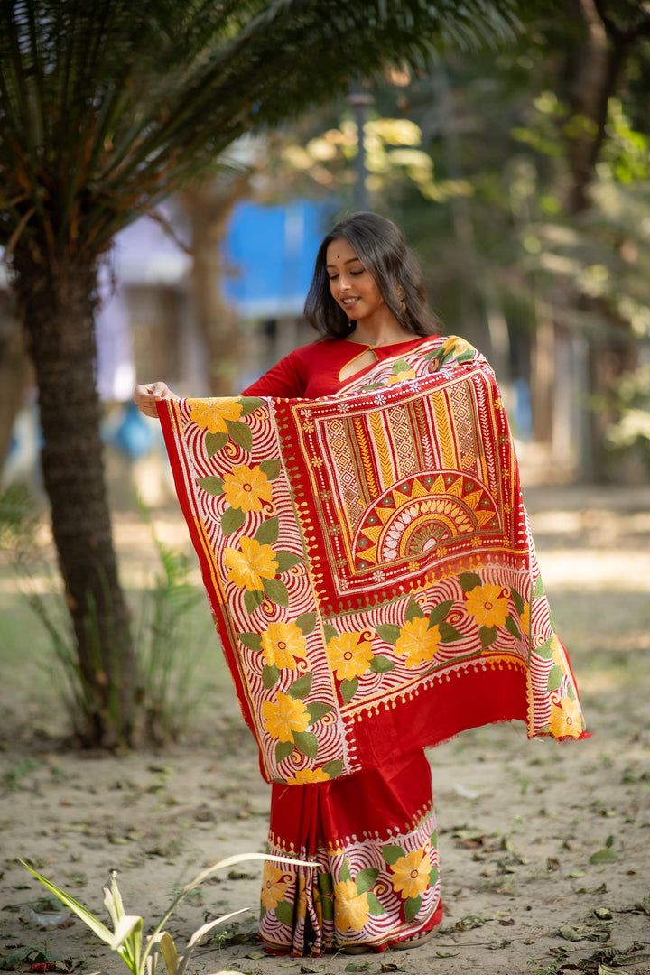 Crimson Botanica – Red Pure Silk Kantha Saree with Floral Embroidery
