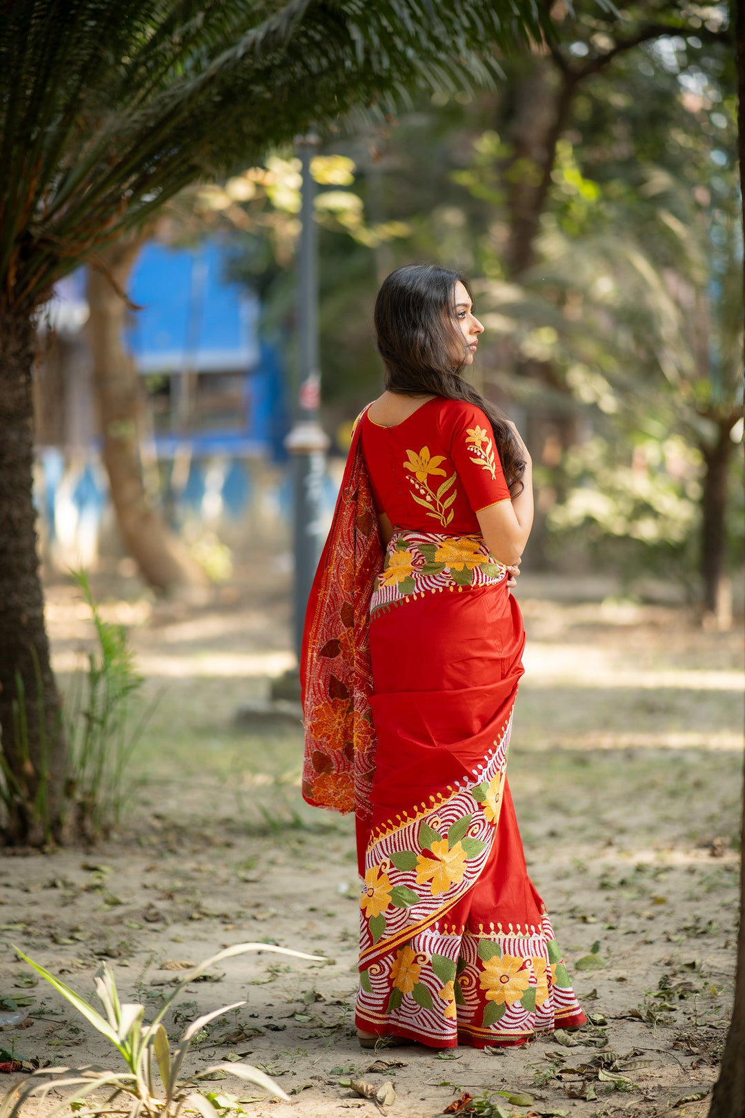 Crimson Botanica – Red Pure Silk Kantha Saree with Floral Embroidery