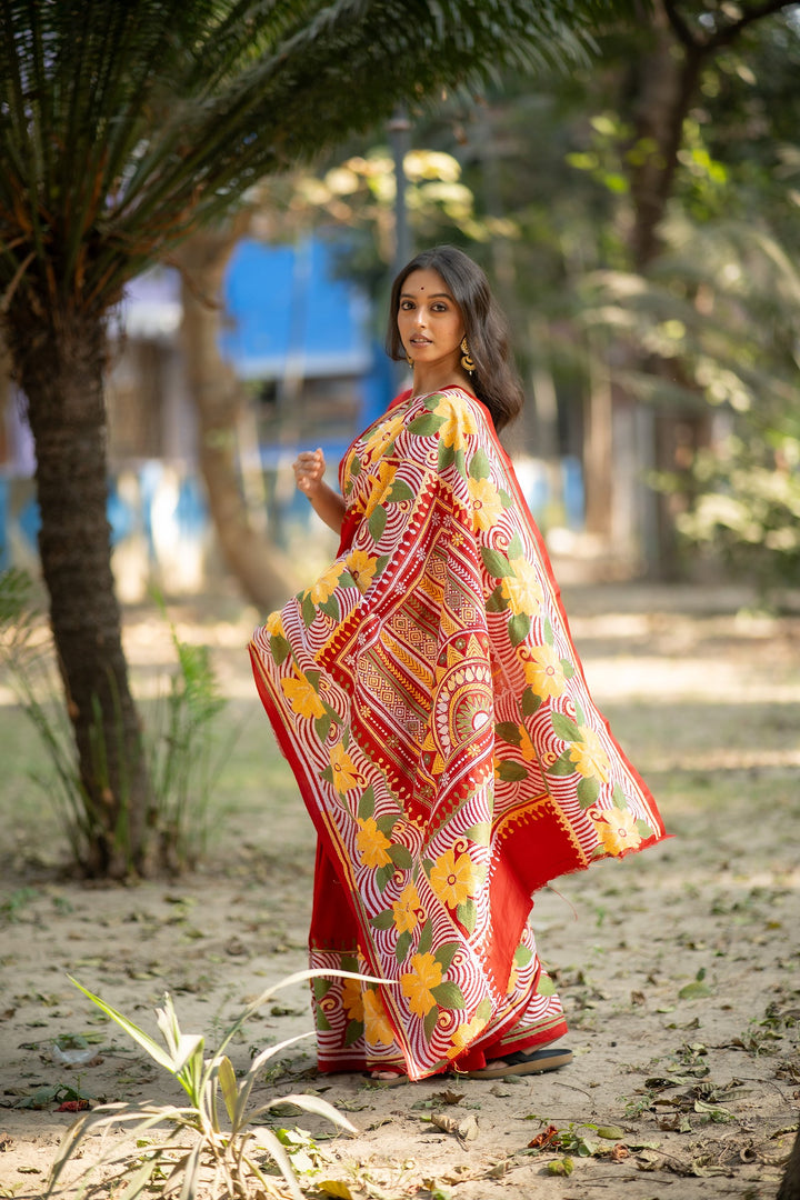 Crimson Botanica – Red Pure Silk Kantha Saree with Floral Embroidery