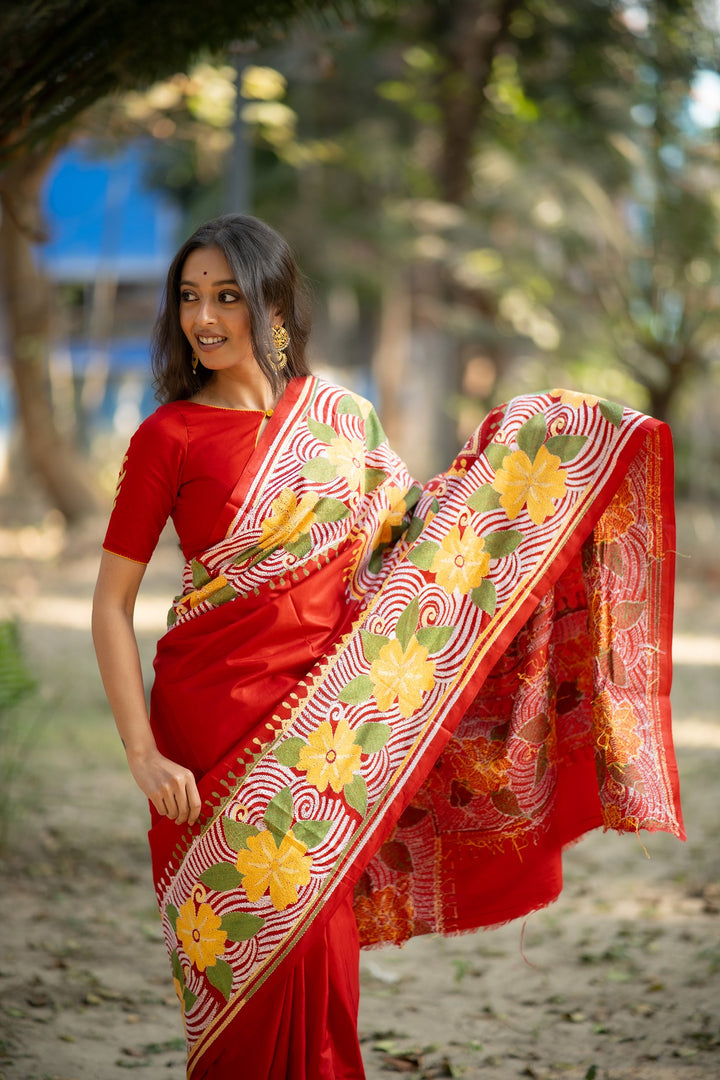 Crimson Botanica – Red Pure Silk Kantha Saree with Floral Embroidery