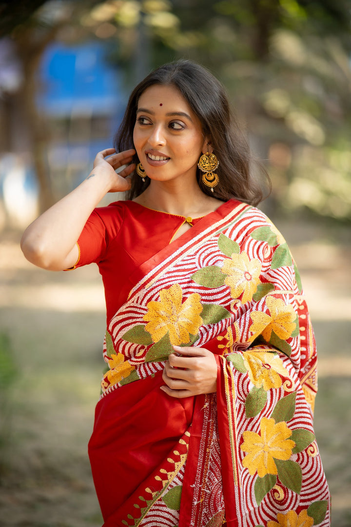 Crimson Botanica – Red Pure Silk Kantha Saree with Floral Embroidery