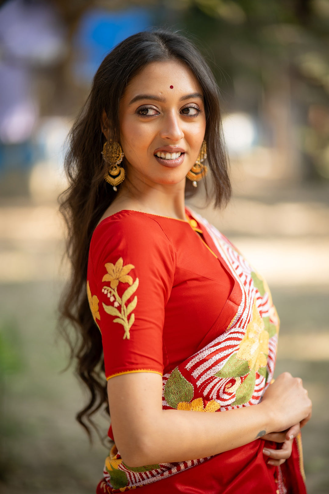 Basanti Tulip Kantha Embroidery Red Silk Blouse