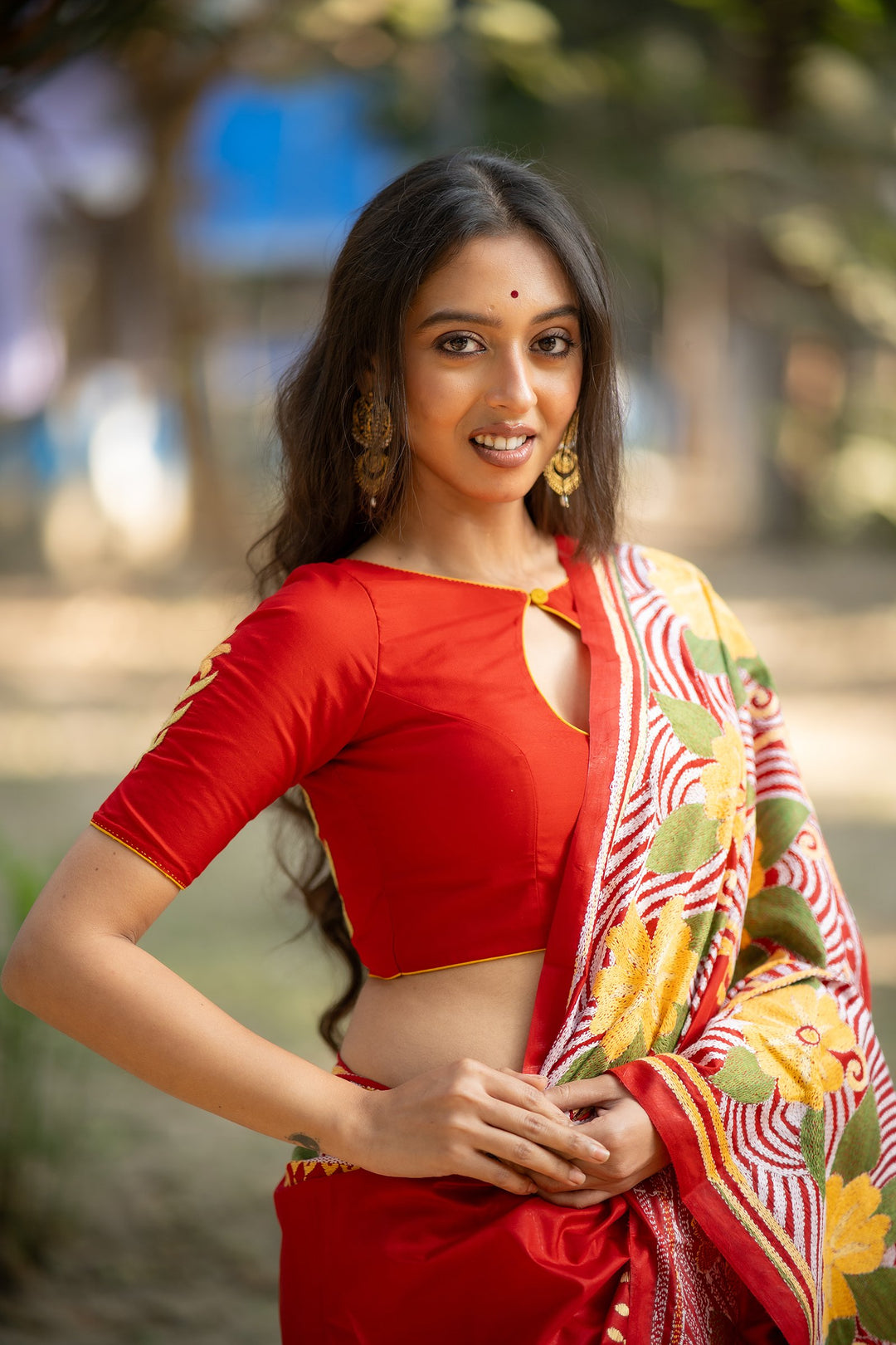 Basanti Tulip Kantha Embroidery Red Silk Blouse