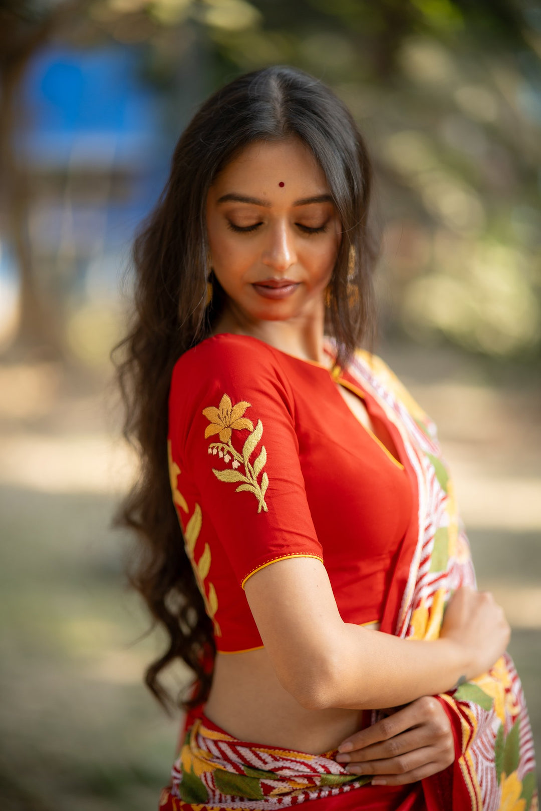 Basanti Tulip Kantha Embroidery Red Silk Blouse