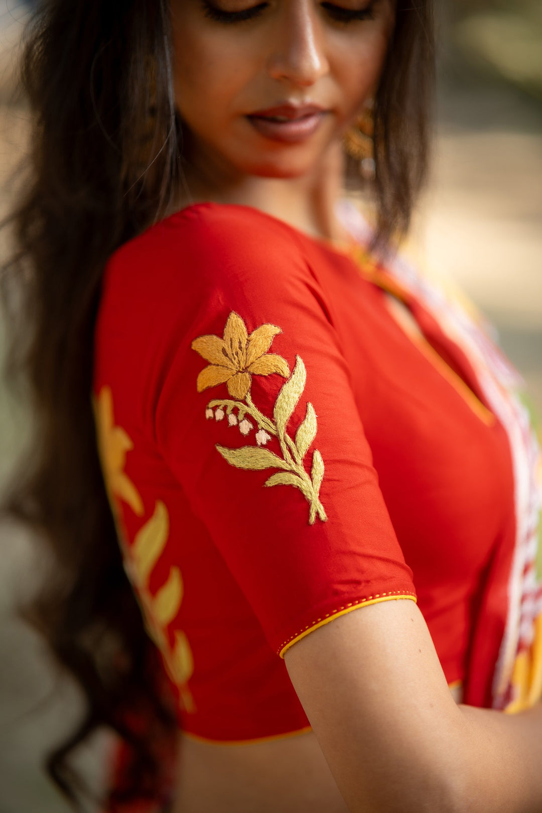 Basanti Tulip Kantha Embroidery Red Silk Blouse