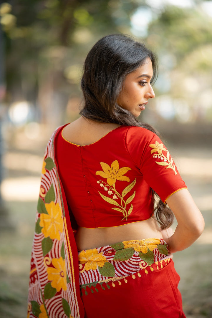 Basanti Tulip Kantha Embroidery Red Silk Blouse