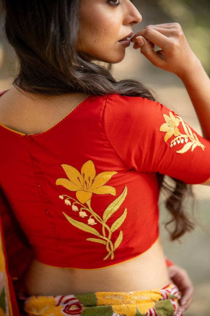 Basanti Tulip Kantha Embroidery Red Silk Blouse