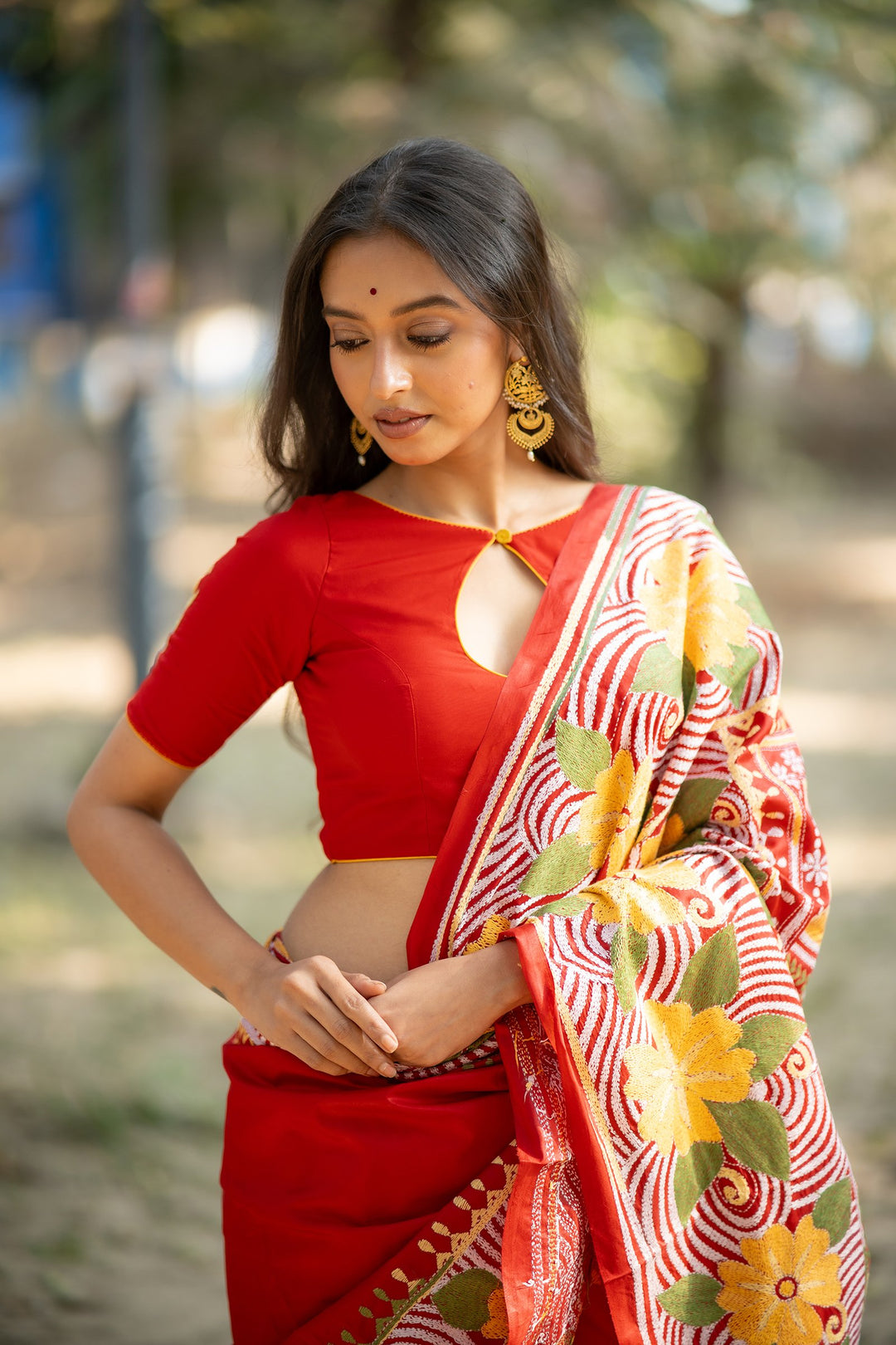 Basanti Tulip Kantha Embroidery Red Silk Blouse