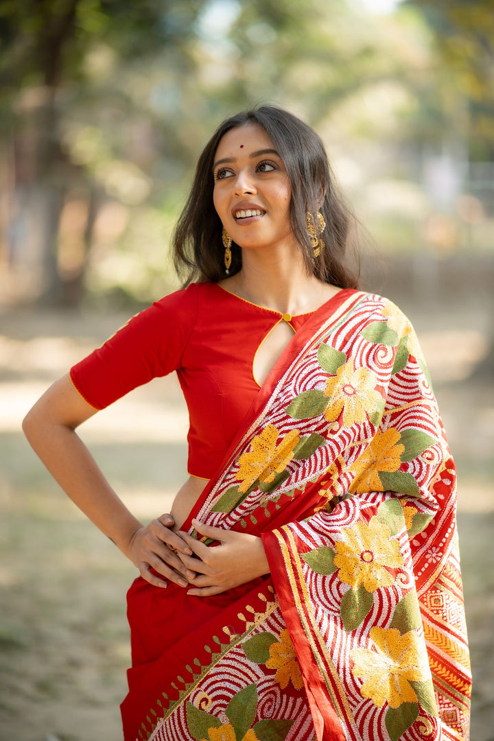 Crimson Botanica – Red Pure Silk Kantha Saree with Floral Embroidery