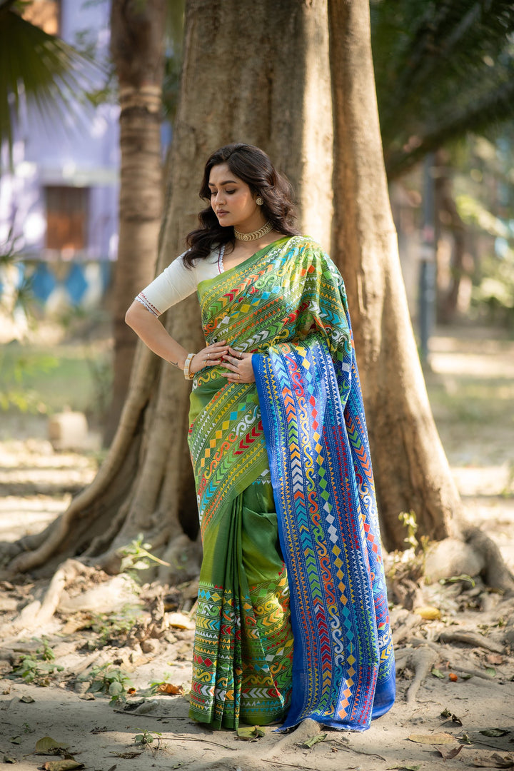 Naksha Neelima – Pista Green &amp; Blue Tussar Silk Kantha Embroidery Saree