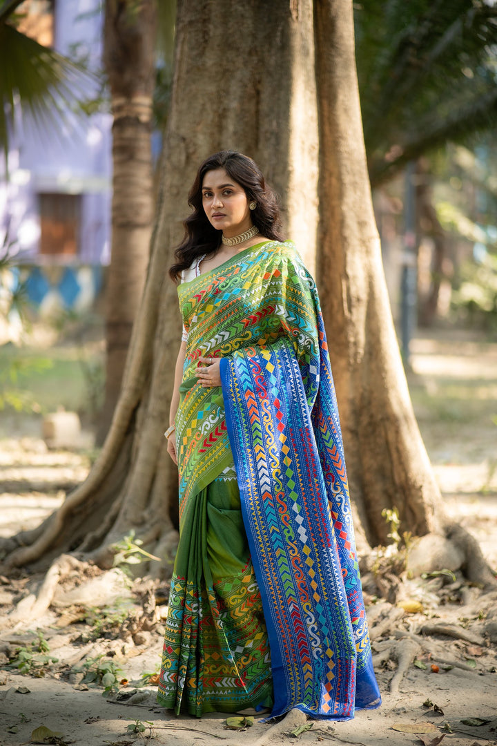 Naksha Neelima – Pista Green &amp; Blue Tussar Silk Kantha Embroidery Saree