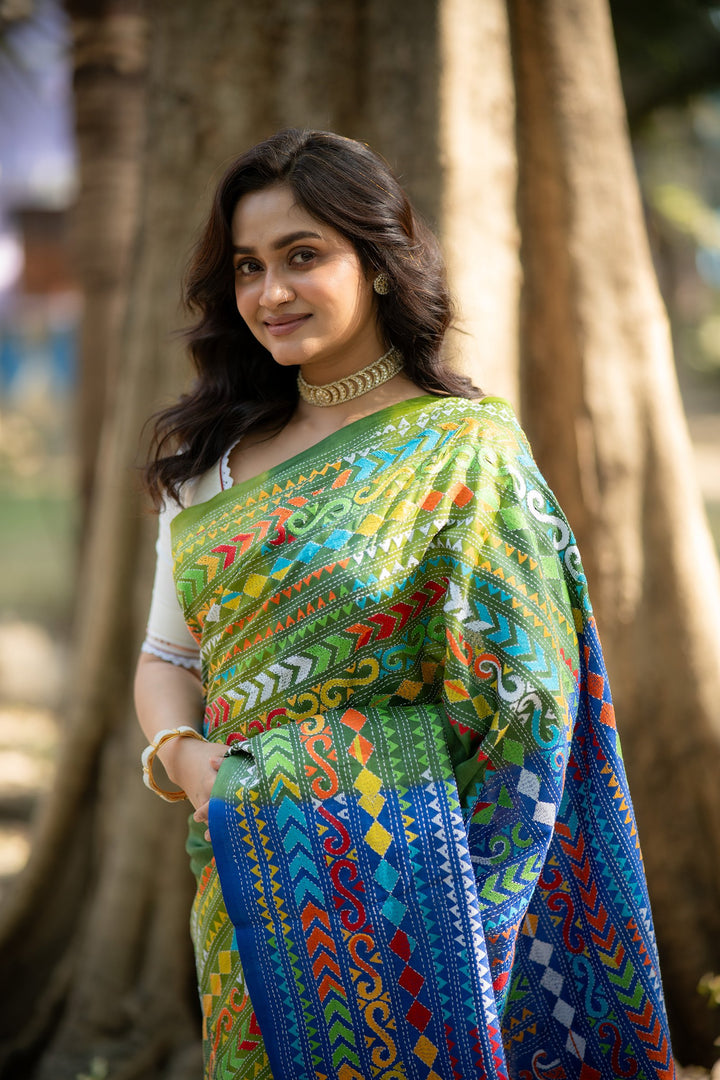 Naksha Neelima – Pista Green &amp; Blue Tussar Silk Kantha Embroidery Saree