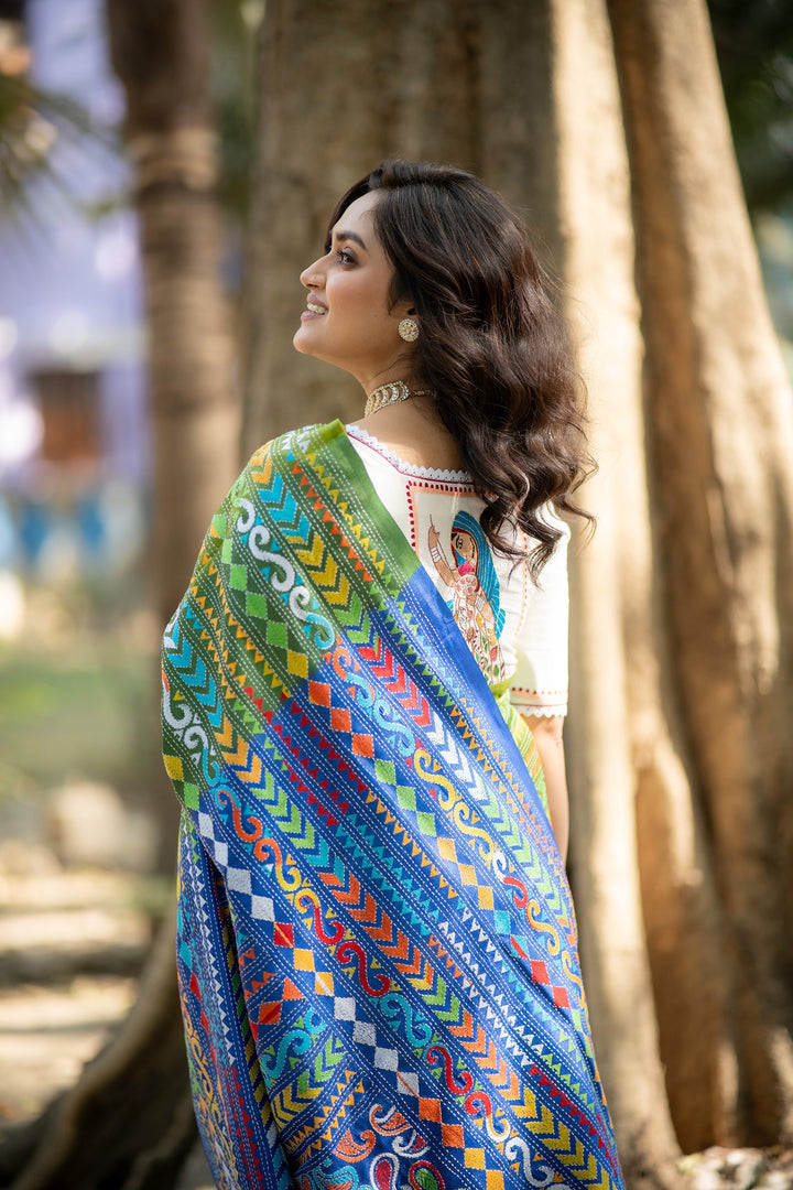 Naksha Neelima – Pista Green &amp; Blue Tussar Silk Kantha Embroidery Saree