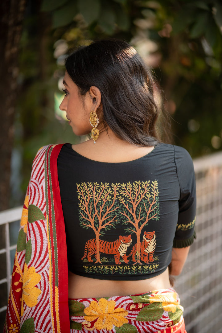 Sunderban Royal Bengal Tiger Kantha Embroidery Silk Blouse