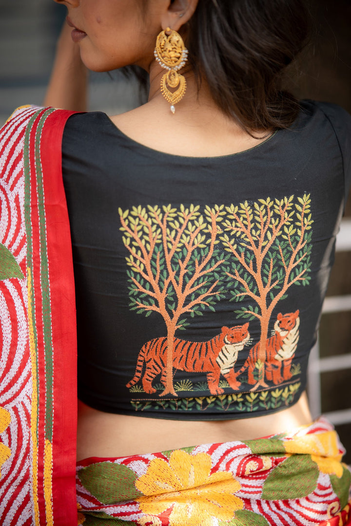 Sunderban Royal Bengal Tiger Kantha Embroidery Silk Blouse