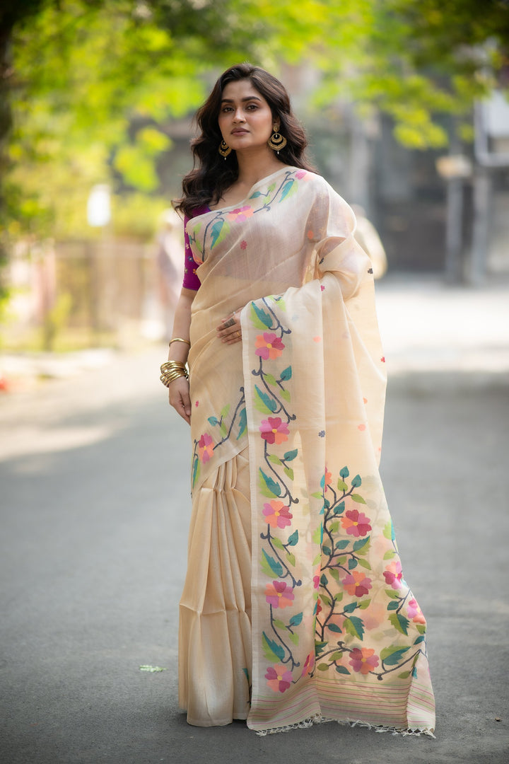 Gachhi Phool Jamdani – Pure Tussar Silk Saree with Handwoven Floral Needlework