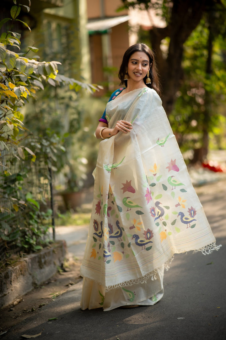 Pakhi Mor Jamini – Pure Tussar Silk Saree with Handwoven Peacock, Parrot &amp; Floral Needlework