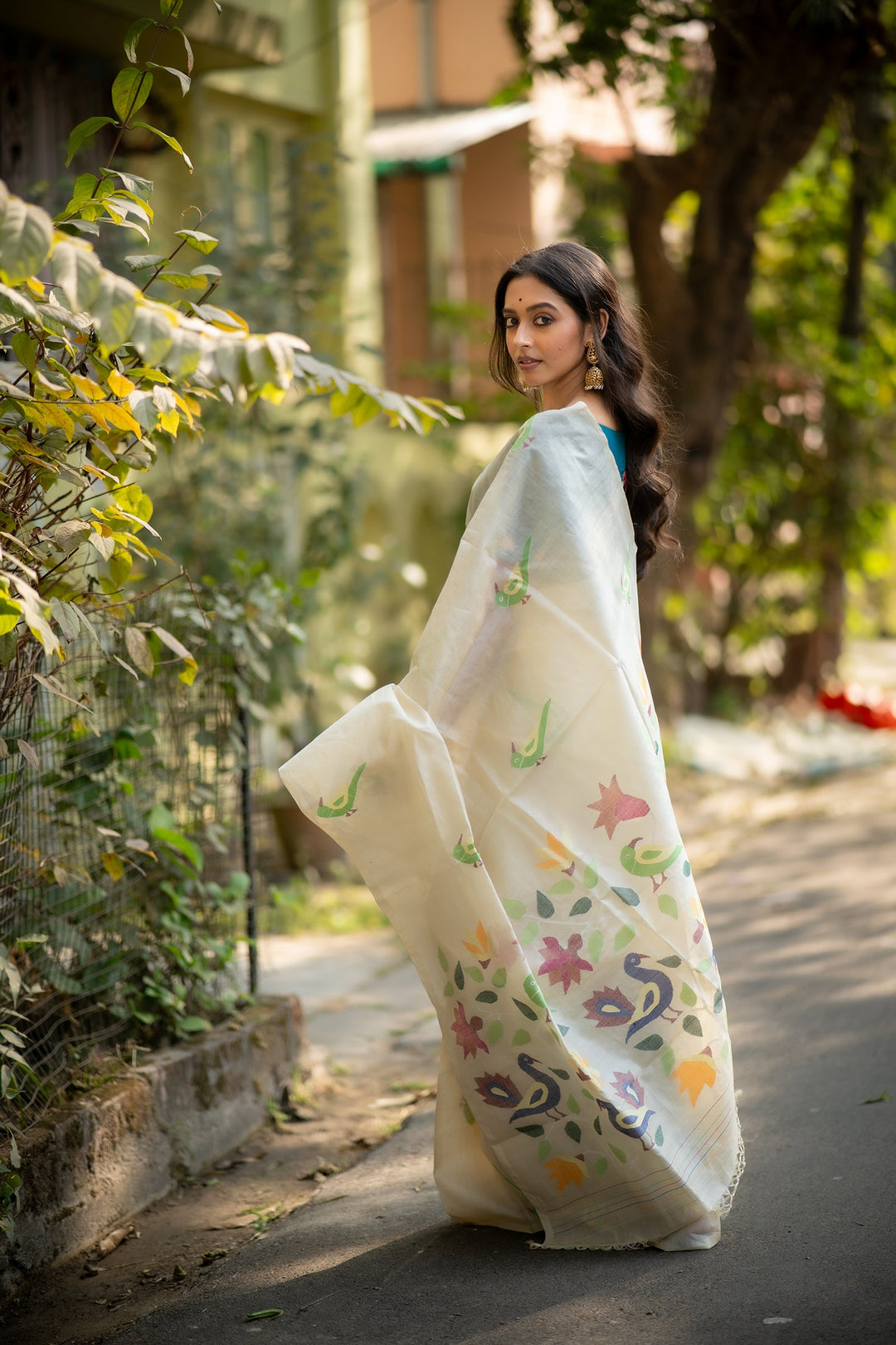 Pakhi Mor Jamini – Pure Tussar Silk Saree with Handwoven Peacock, Parrot &amp; Floral Needlework