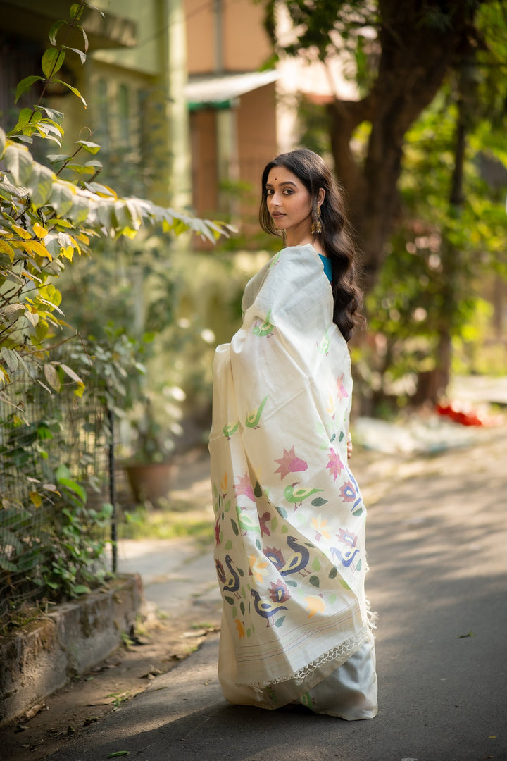 Pakhi Mor Jamini – Pure Tussar Silk Saree with Handwoven Peacock, Parrot &amp; Floral Needlework