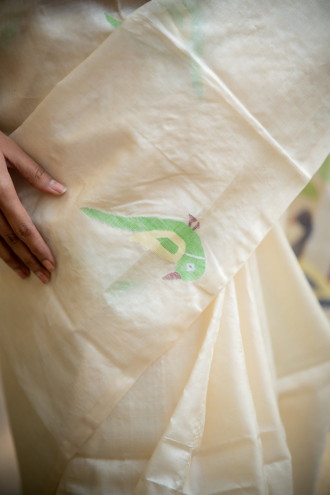 Pakhi Mor Jamini – Pure Tussar Silk Saree with Handwoven Peacock, Parrot &amp; Floral Needlework